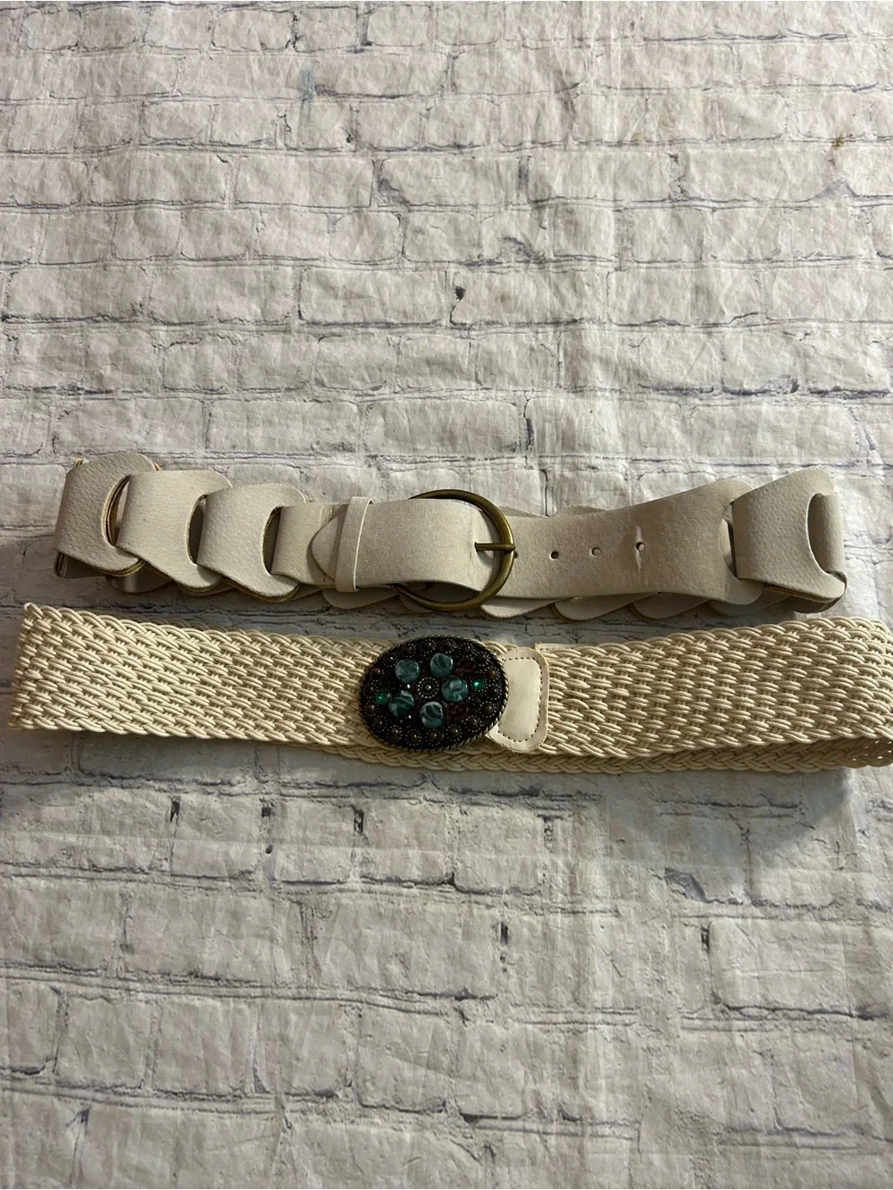 GENUINE LEATHER WITH FAUX BACK CHUNKY BEIGE WIDE AND JEWEL BUCKLE WOVEN BELTS